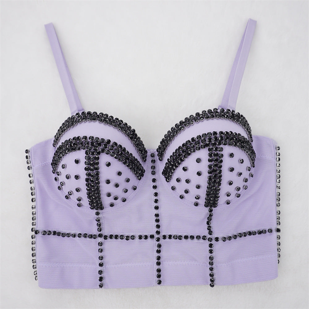 Purple Burning Man Rave Festival Black Rhinestones Embellished Bustier Corset Top Bra Party Clothing 36066