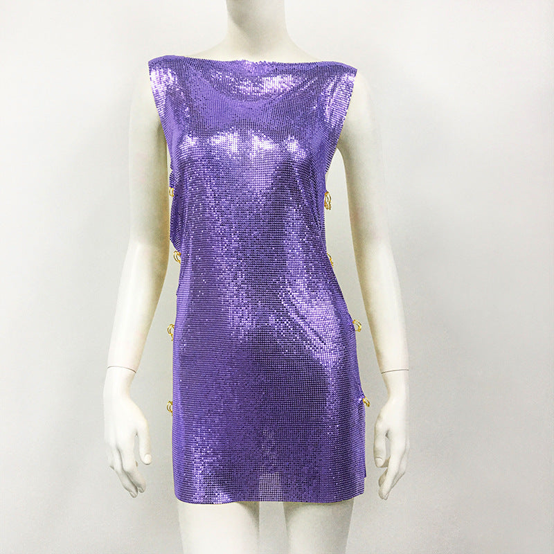 Women's Purple Metallic Sequin Rave Pin High Slit Dress Party Evening Dress