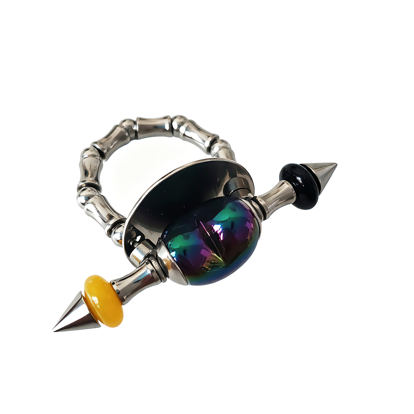 Handmade Black Iridescent Heart Stainless Steel Spike Statement Ring with Resin Spacers