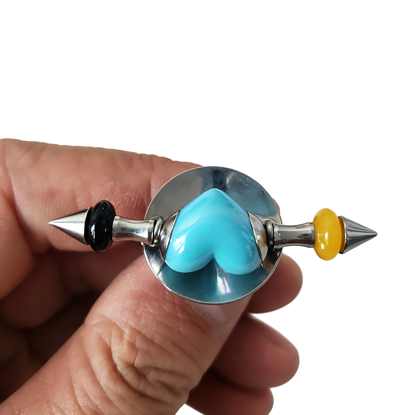 Handmade Sky-Blue Heart Stainless Steel Spike Statement Ring with Resin Spacers