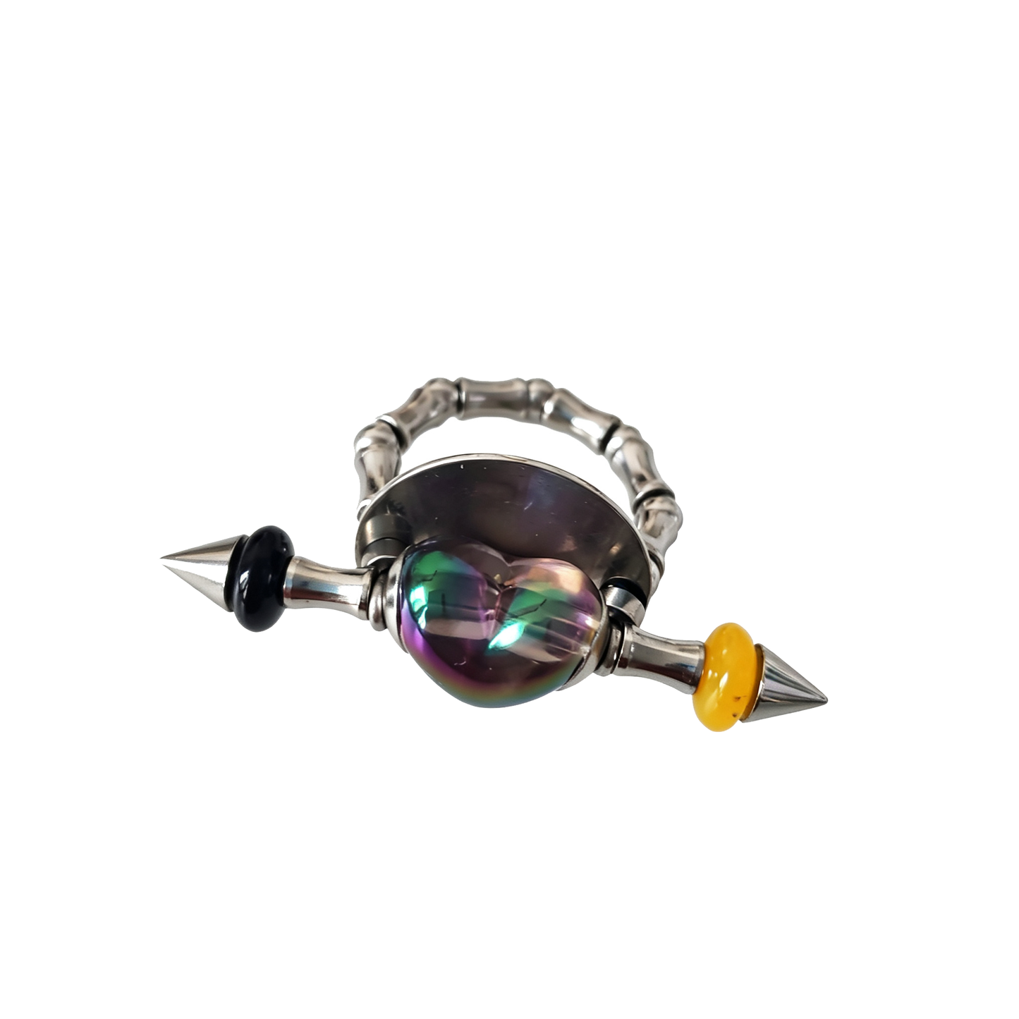 Handmade Transparent Iridescent Black Heart Stainless Steel Spike Statement Ring with Resin Spacers