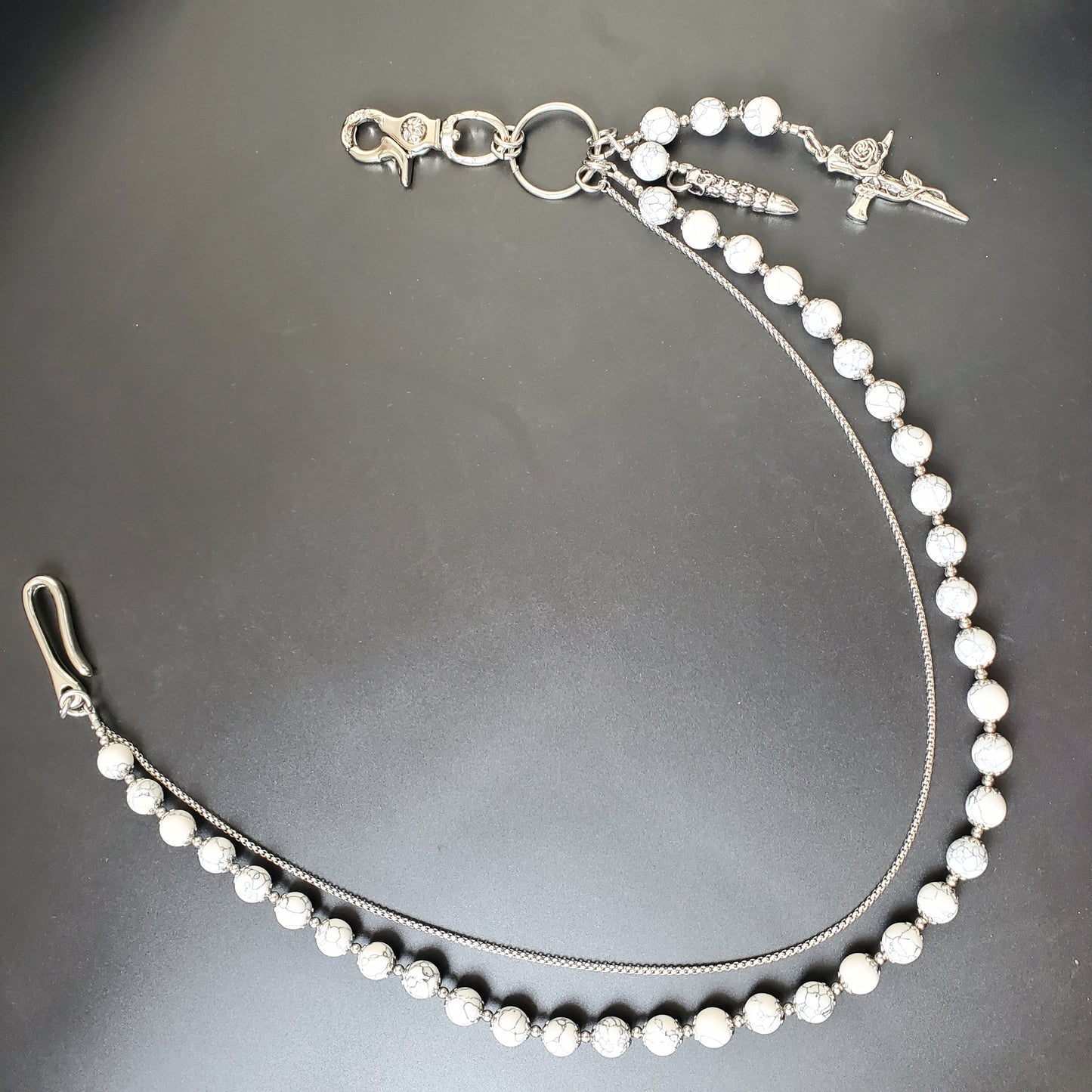 White Cracked Stone Round Beads Wallet Silver Chain,Jeans Chain,Handmade Gothiic Punk Pants Chain,Biker Wallet Chain