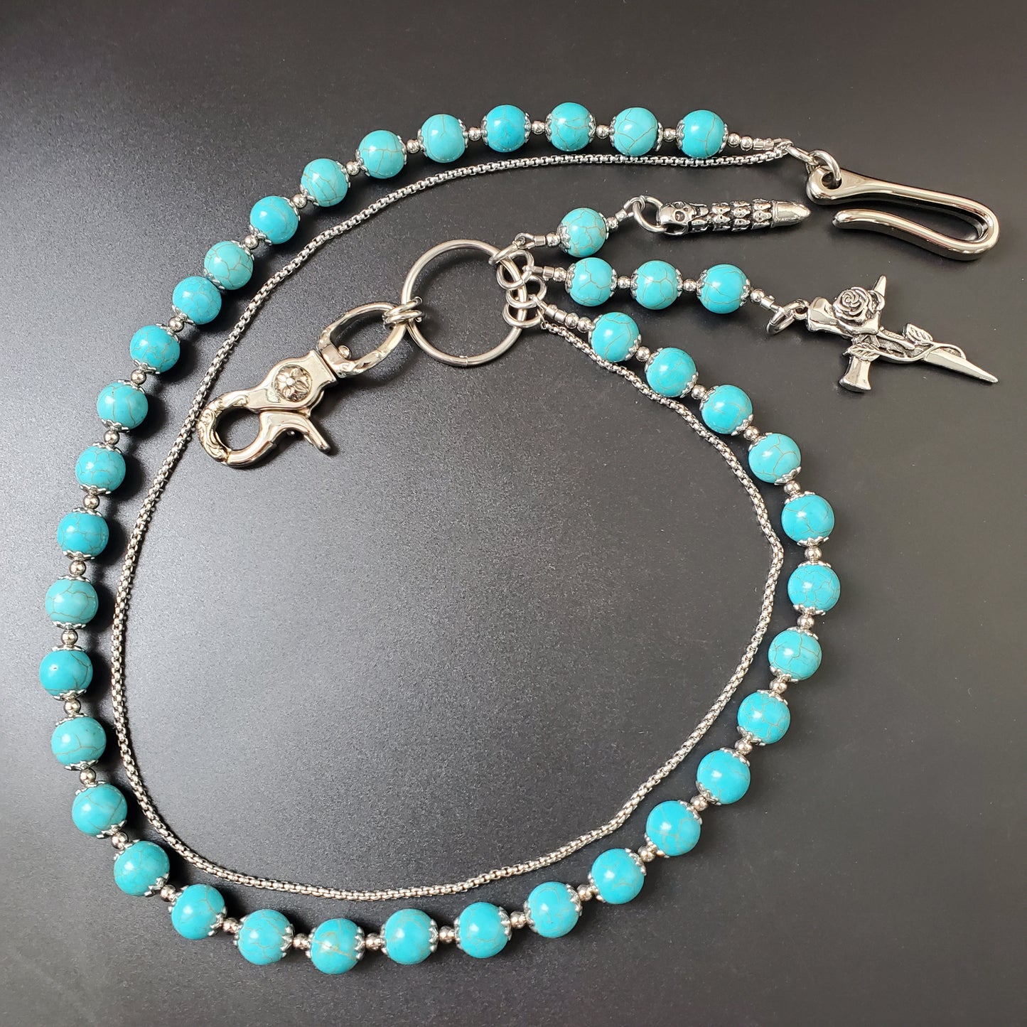 Blue Cracked Stone Round Beads Wallet Silver Chain,Jeans Chain,Handmade Gothiic Punk Pants Chain,Biker Wallet Chain