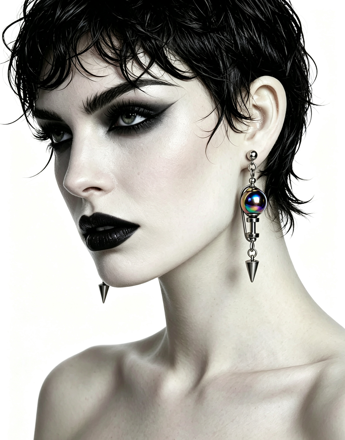 Handmade Stainless Steel Dangle Earring, Iridescent Black UV Bead Spike Drop Punk Earring Jewelry