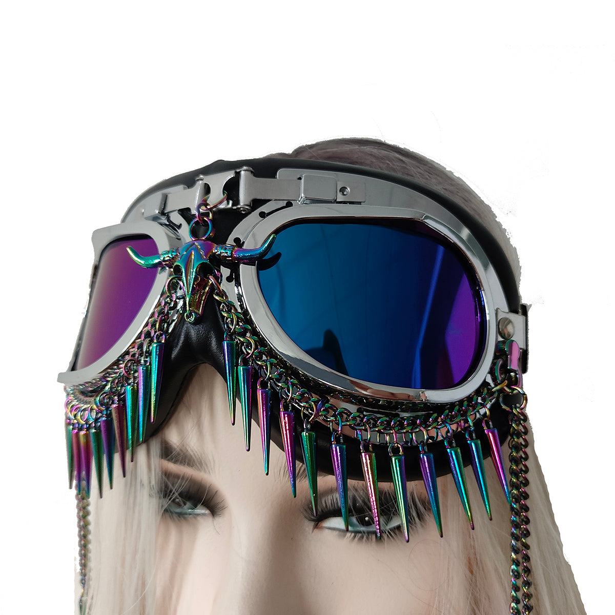 Rave Streampunk-Brille, Burning Man holografische Festival-Brille, Kettenschädel-Vogelkopf-Spike-Kostümbrille, Cyber-Goth-Maskerade-Brille