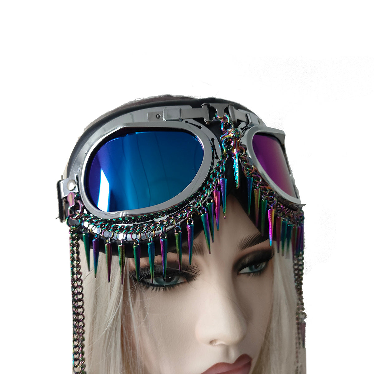 Rave Streampunk-Brille, Burning Man holografische Festival-Brille, Kettenschädel-Vogelkopf-Spike-Kostümbrille, Cyber-Goth-Maskerade-Brille
