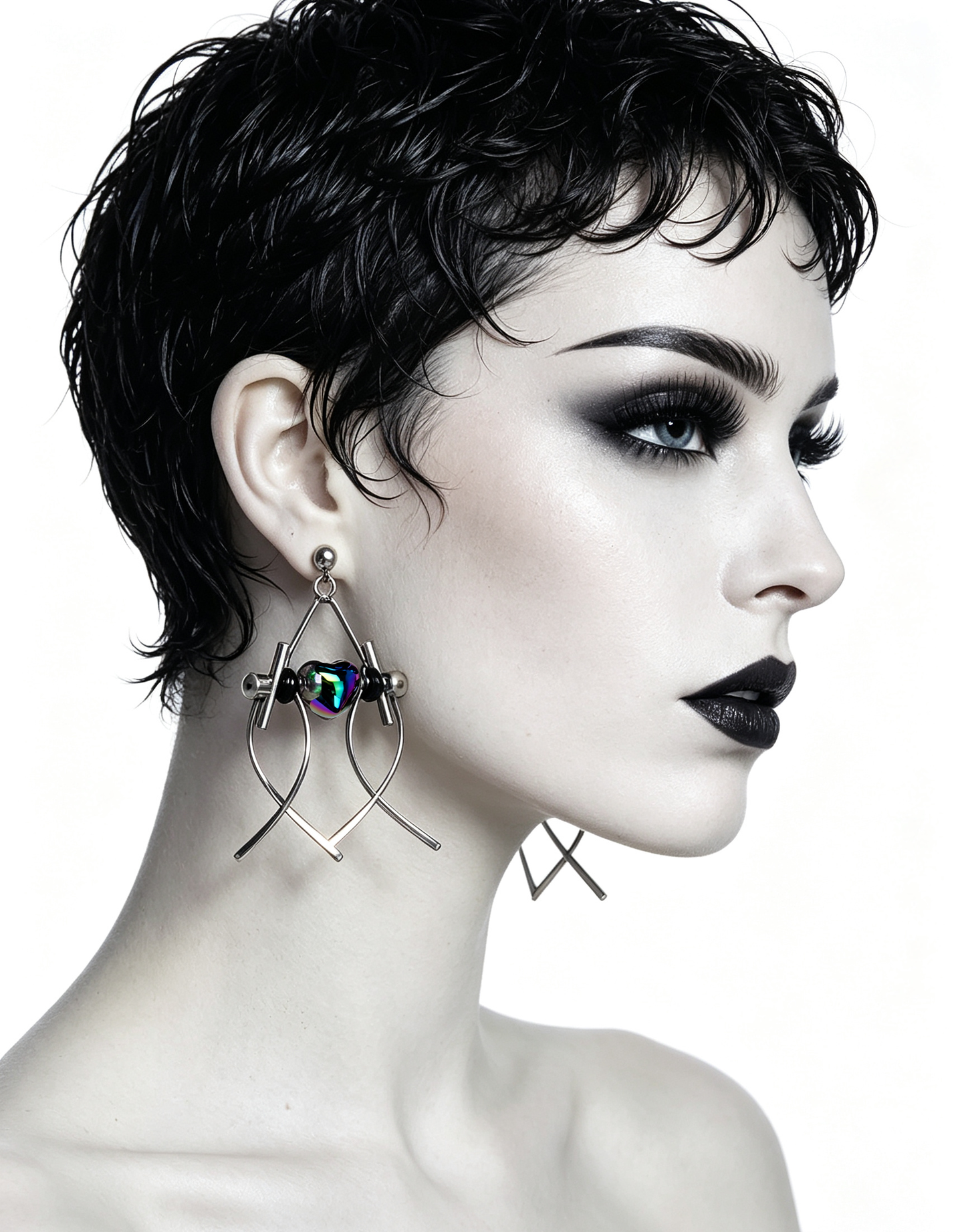 Punk Handmade Stainless Steel Earring, Holographic Rainbow Black Heart UV Bead Gothic Dangle Drop Earring Jewelry