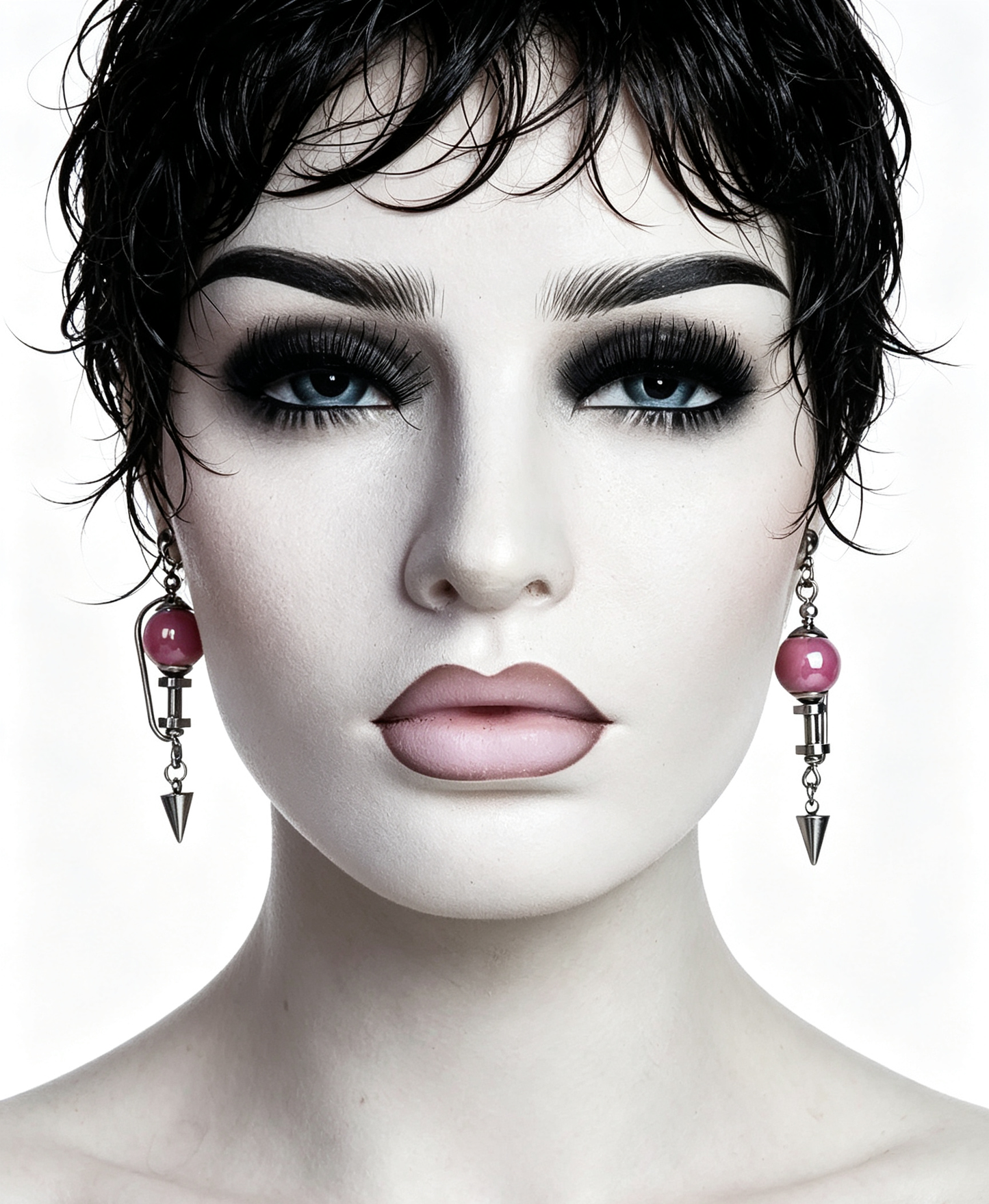 Handmade Stainless Steel Dangle Earring, Hot‑Pink Round UV‑Bead Spiked Punk Gothic Drop Earring Jewelry