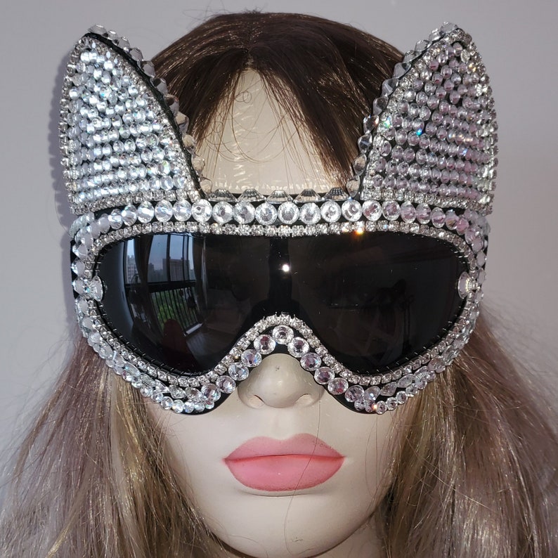 Holographische Strass Rave Katze Burning Man Goggle Festival Maske Kostüm Kopfschmuck Cyber Brille Bühne Dj EDM EDC Kostüme Kopfschmuck