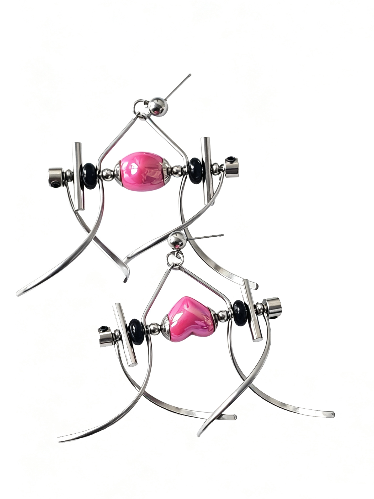 Punk Handmade Stainless Steel Earring, Hot Pink Heart UV Bead Gothic Dangle Drop Earring Jewelry for Man