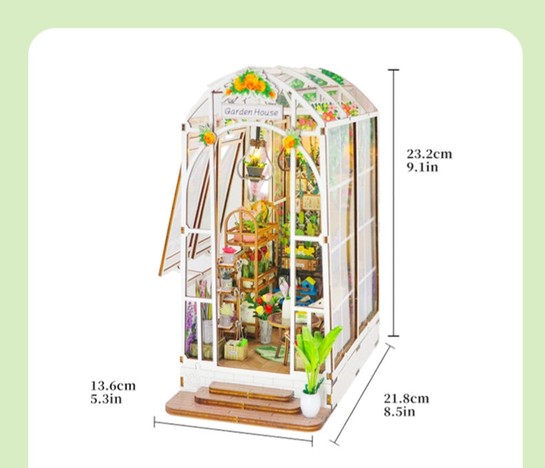 DIY Garden House Book Nook Kit – Wooden Shelf Insert with LED Lights | Miniature Dollhouse Gift for Teens & Adults