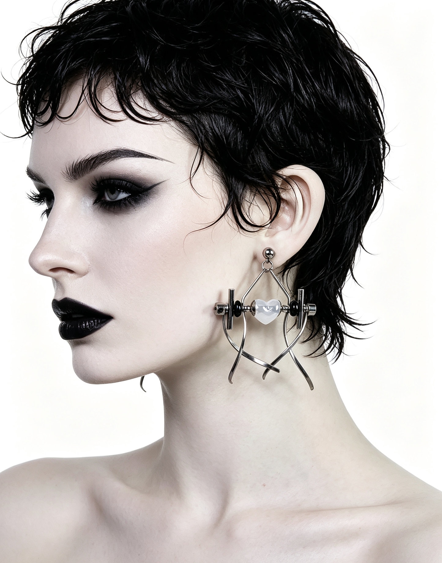 Punk Handmade Stainless Steel Earring, Jelly White Heart UV Bead Gothic Dangle Drop Earring Jewelry