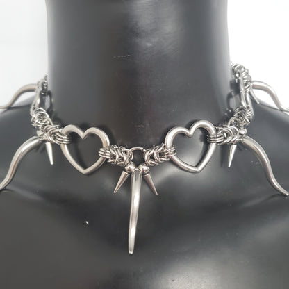 Punk Stainless Steel Chain Necklace, Mens + Womens Silver Stainless Steel Spike Pendant Necklace, Heart Ring Necklace