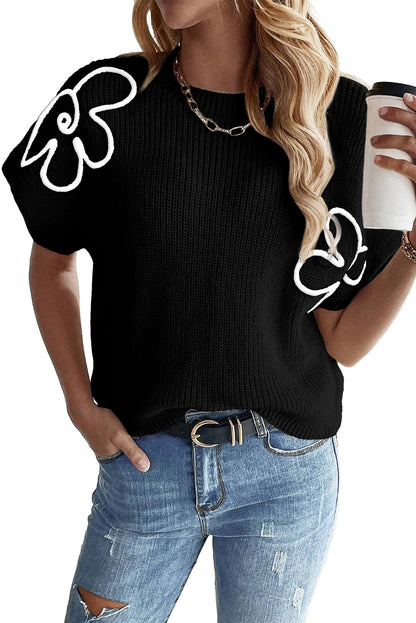 Black Flower Embroidery Sweater Tee Top for Women