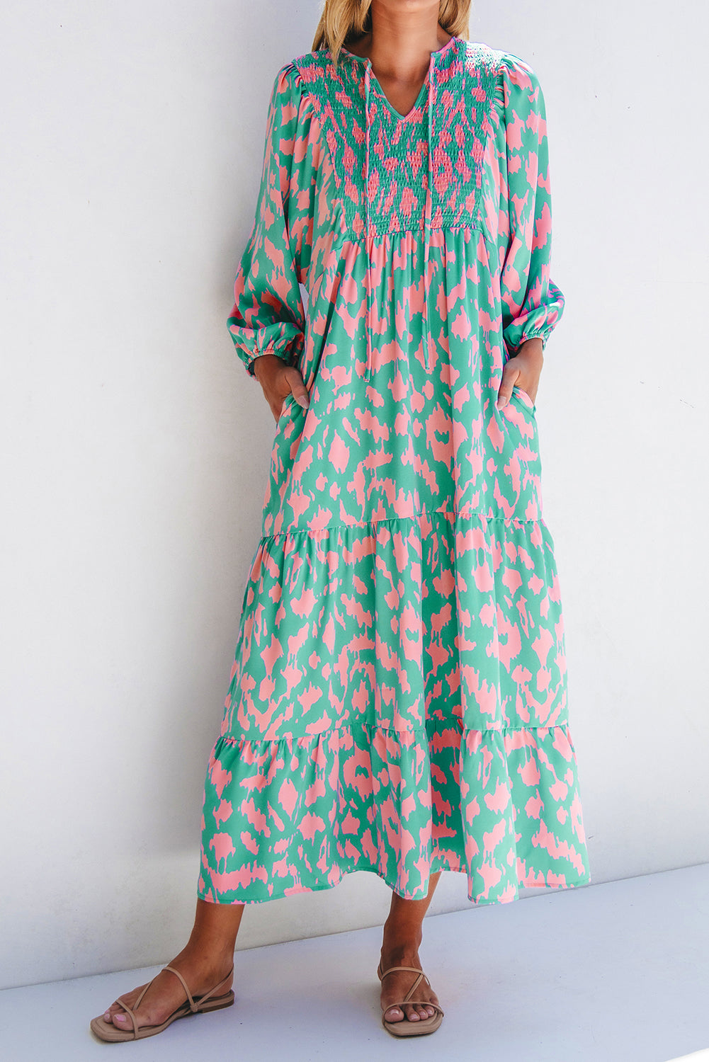 Sky Blue Abstract Print Puff Sleeve Tied Notched Neck Long Dress