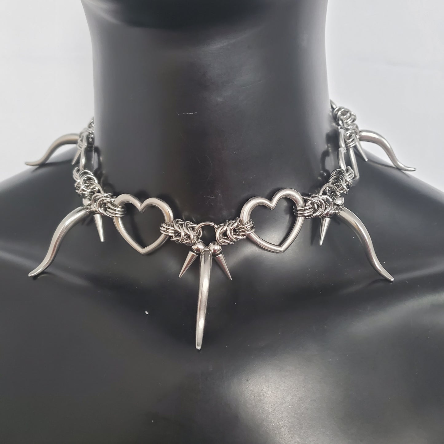 Punk Stainless Steel Chain Necklace, Mens + Womens Silver Stainless Steel Spike Pendant Necklace, Heart Ring Necklace