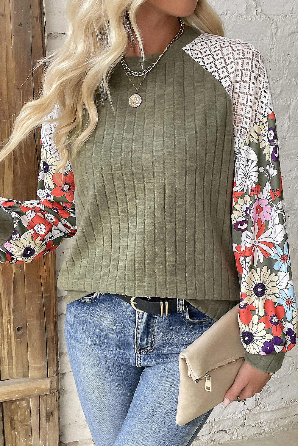 Black Floral Patchwork Long Sleeve Ribbed Blouse Top of Women