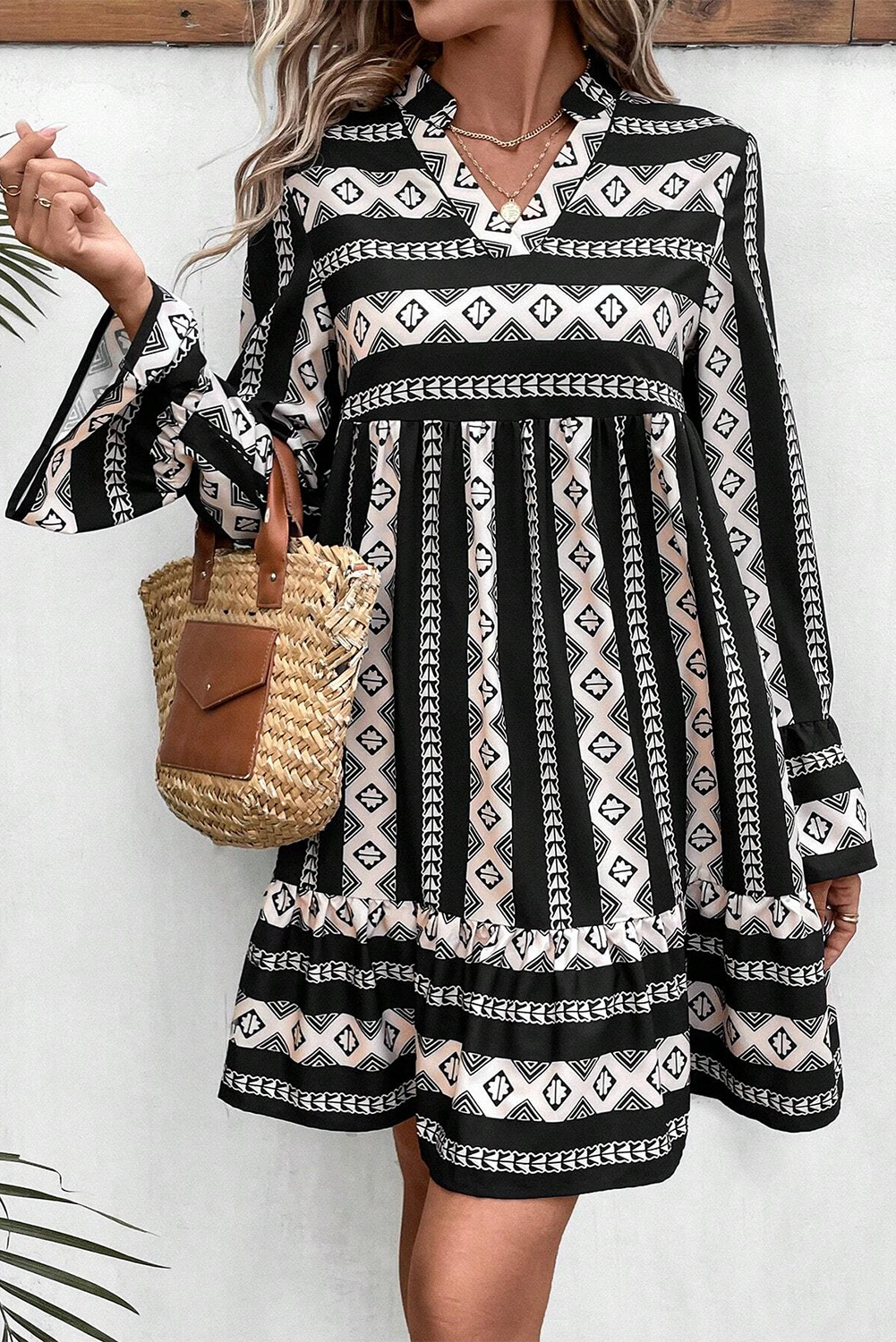 Black Boho Geometric Printed Flared Long Sleeve Mini Dress for Women