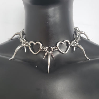 Punk Stainless Steel Chain Necklace, Mens + Womens Silver Stainless Steel Spike Pendant Necklace, Heart Ring Necklace