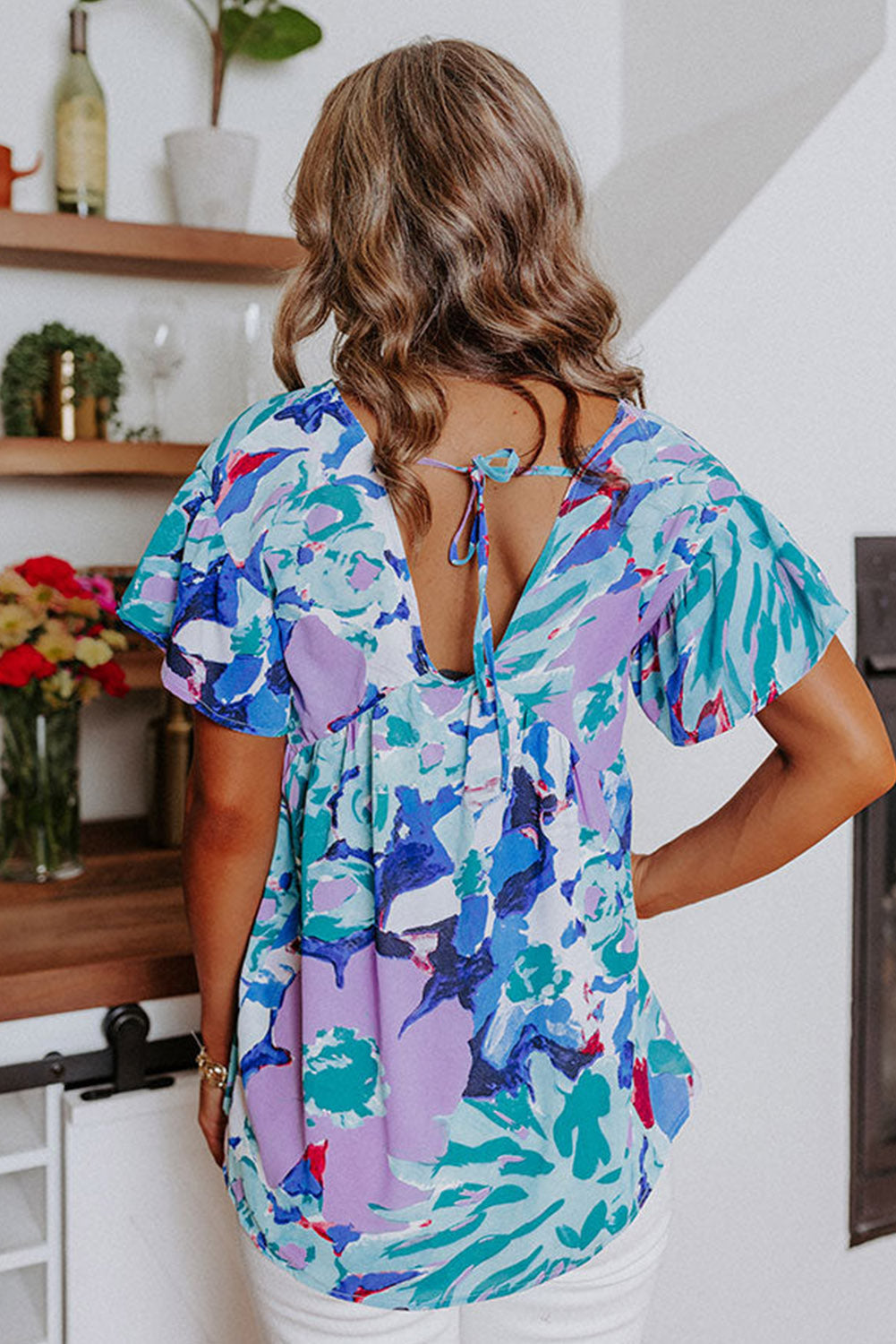 Sky Blue Abstract Print V Neck Flutter Sleeve Blouse