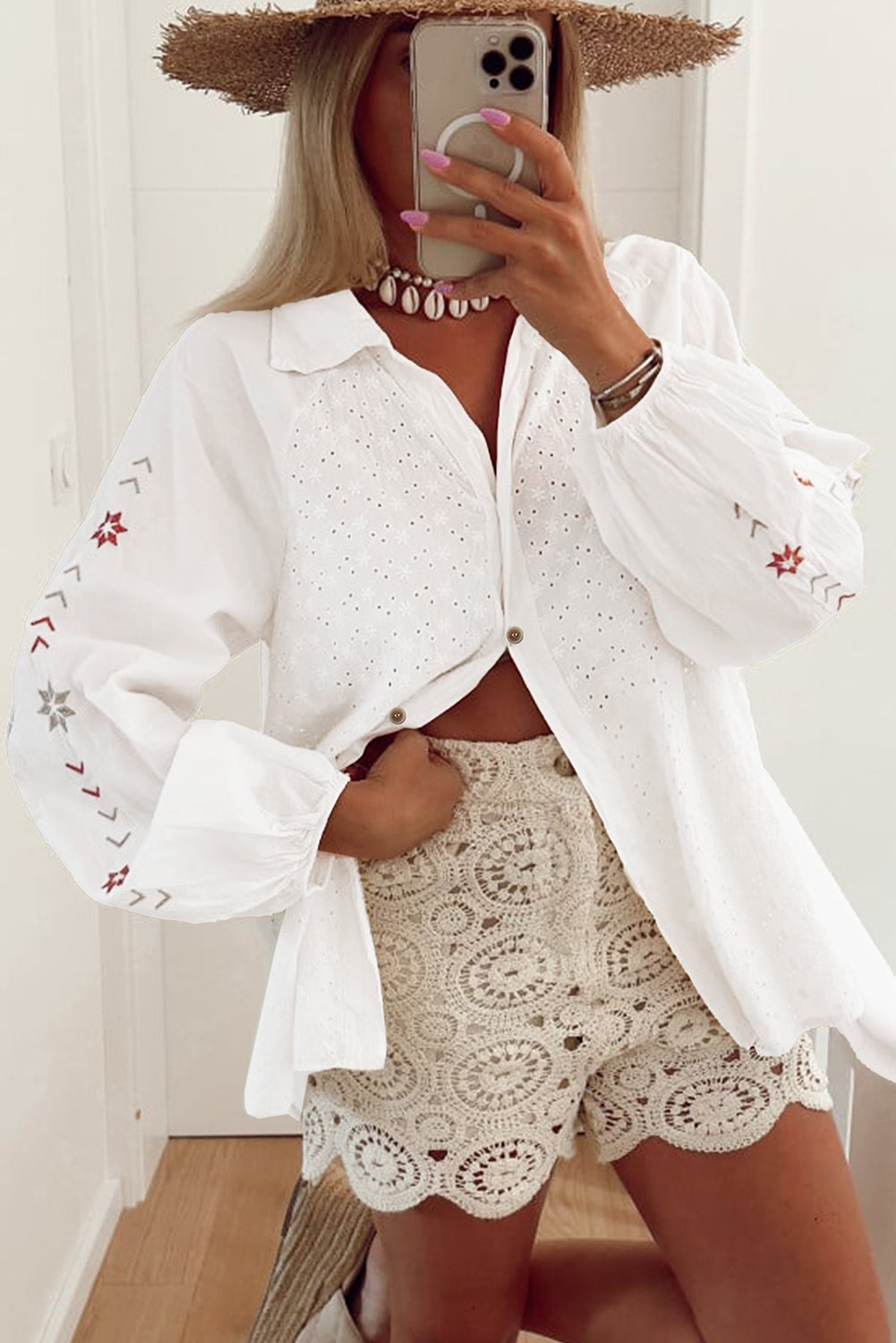 White Floral Embroidered Puff Sleeve Eyelet Patchwork Shirt Top for Women