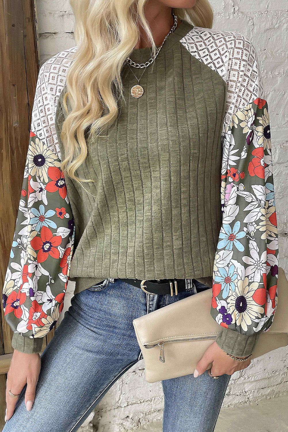 Black Floral Patchwork Long Sleeve Ribbed Blouse Top of Women