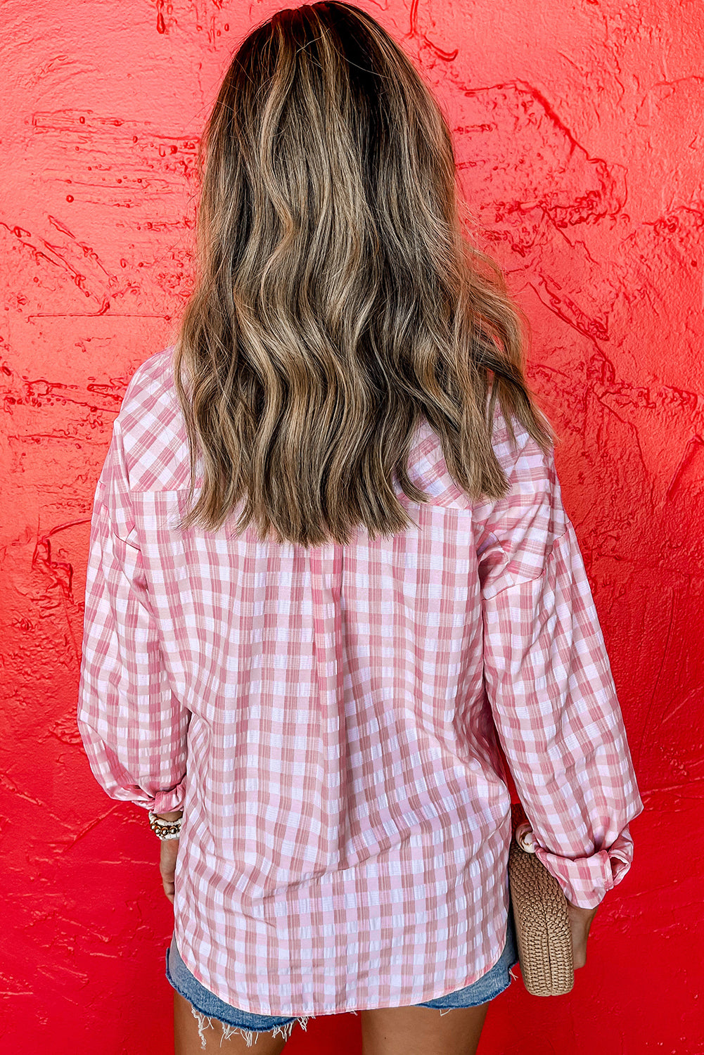 Pink Gingham Print Chest Pockets Buttoned Collared Shirt Top of Women