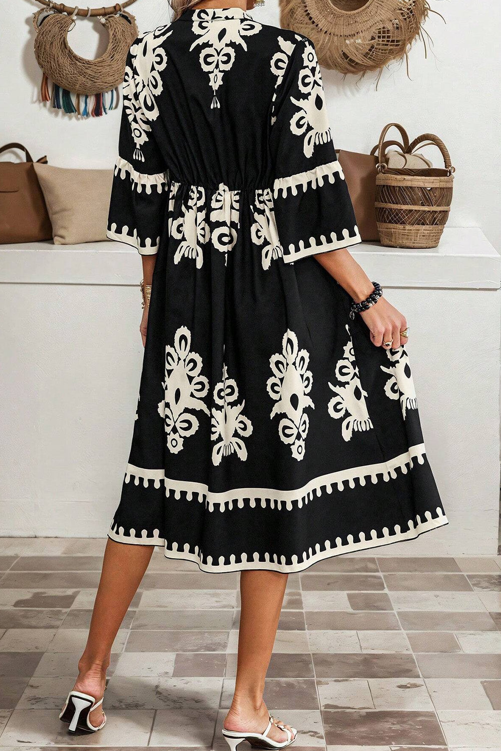 Beige Western Geometric Print 3/4 Sleeve Loose Midi Dress