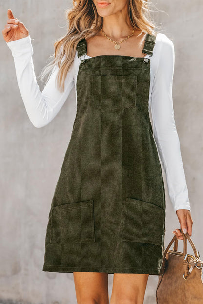 Cinnamon Solid Front Pockets Sleeveless Corduroy Overall Dress for Women