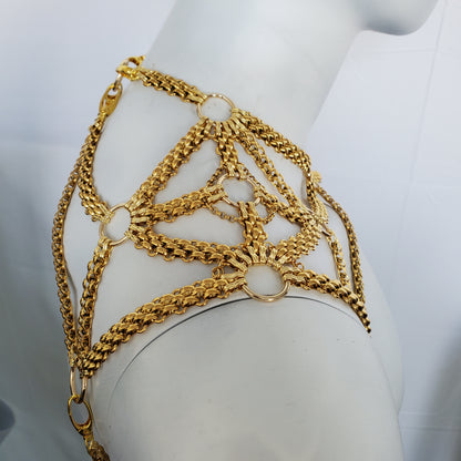 Rave Men Gold Body Shoulder Chain Harness, Burning Man Festival Rave Body Chain Outfits