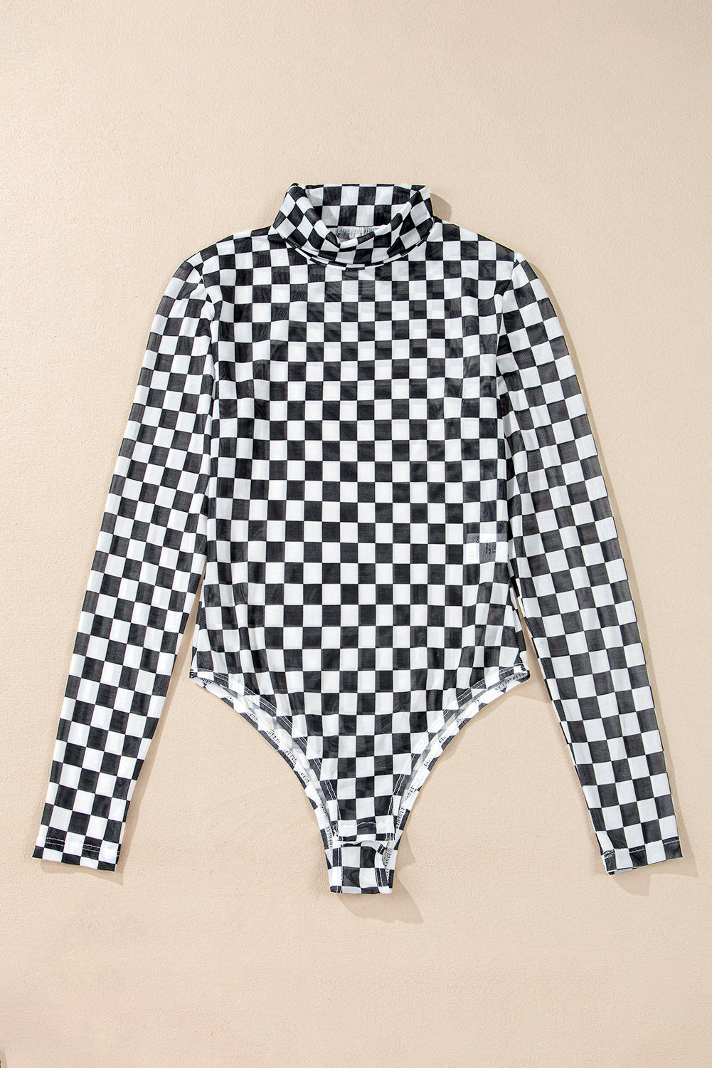 Brown Checkered Printed Long Sleeve High Neck Bodysuit