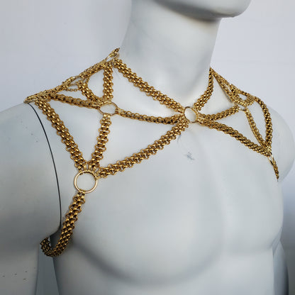 Rave Men Gold Body Shoulder Chain Harness, Burning Man Festival Rave Body Chain Outfits