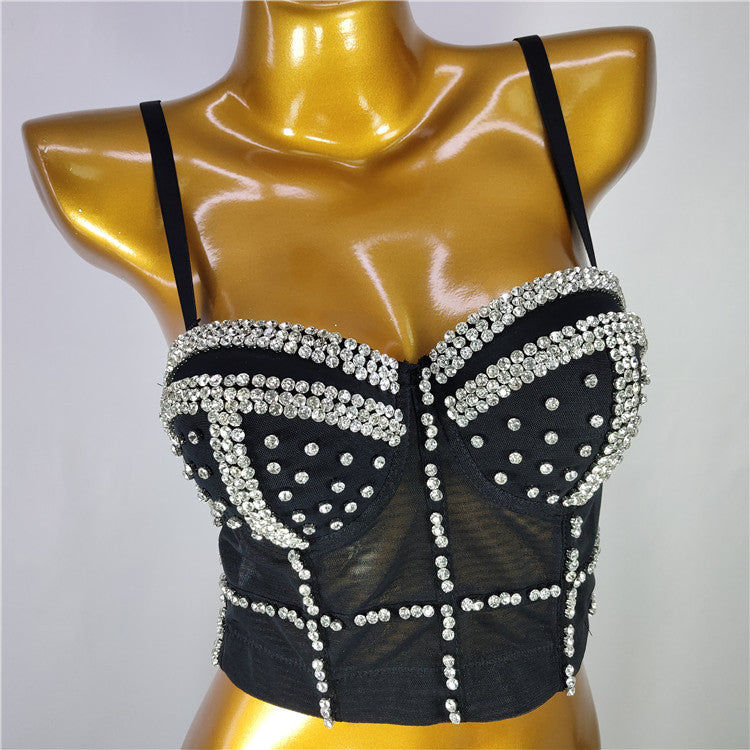 Noir Burning Man Rave Festival Strass Embelli Bustier Corset Top Soutien-Gorge Vêtements De Fête 36064