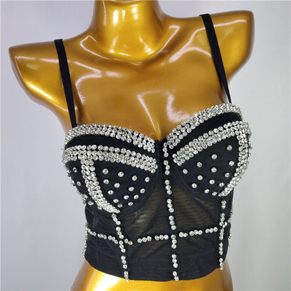 Noir Burning Man Rave Festival Strass Embelli Bustier Corset Top Soutien-Gorge Vêtements De Fête 36064