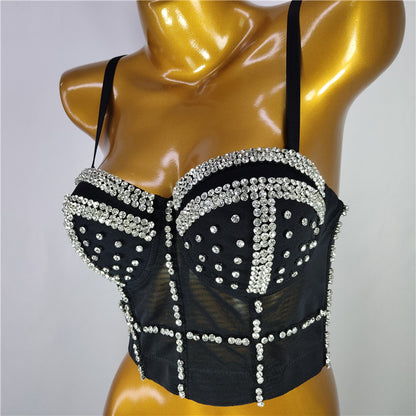 Noir Burning Man Rave Festival Strass Embelli Bustier Corset Top Soutien-Gorge Vêtements De Fête 36064