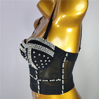 Noir Burning Man Rave Festival Strass Embelli Bustier Corset Top Soutien-Gorge Vêtements De Fête 36064