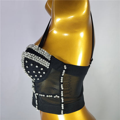 Noir Burning Man Rave Festival Strass Embelli Bustier Corset Top Soutien-Gorge Vêtements De Fête 36064
