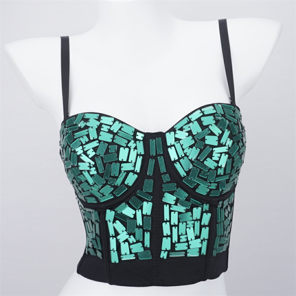 Burning Man Rave Festival Green Mirror Sequins Embellished Bustier Corset Top Bra Party Clothing 36072