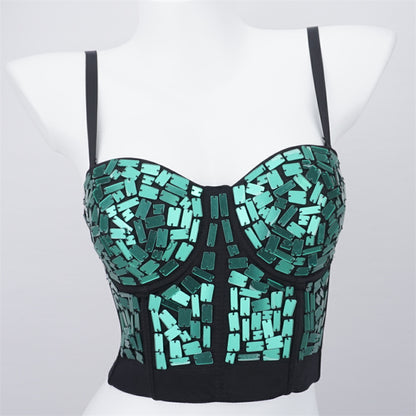 Burning Man Rave Festival Green Mirror Sequins Embellished Bustier Corset Top Bra Party Clothing 36072