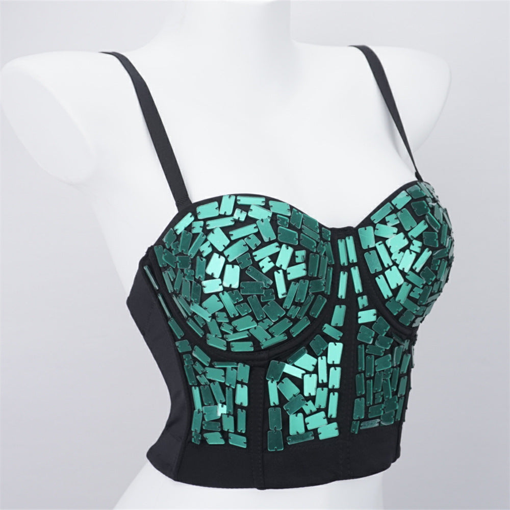 Burning Man Rave Festival Green Mirror Sequins Embellished Bustier Corset Top Bra Party Clothing 36072