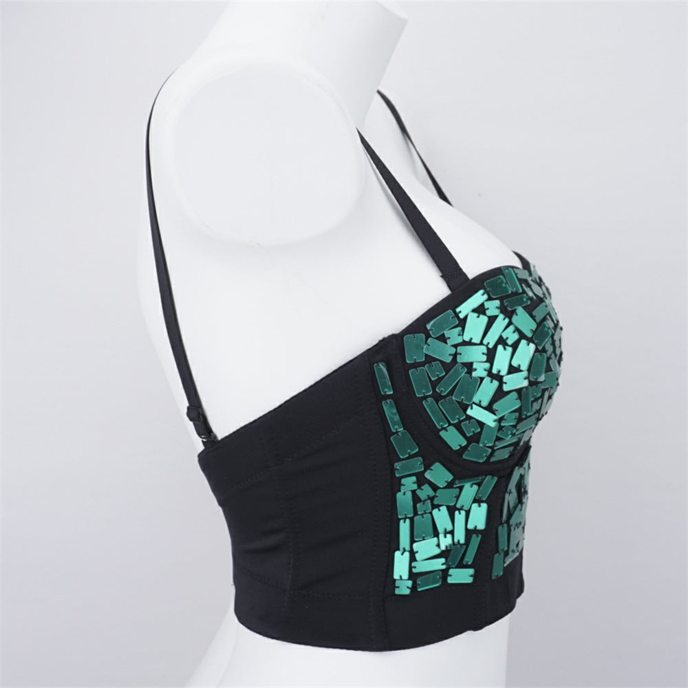 Burning Man Rave Festival Green Mirror Sequins Embellished Bustier Corset Top Bra Party Clothing 36072