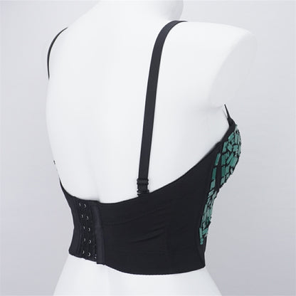 Burning Man Rave Festival Green Mirror Sequins Embellished Bustier Corset Top Bra Party Clothing 36072