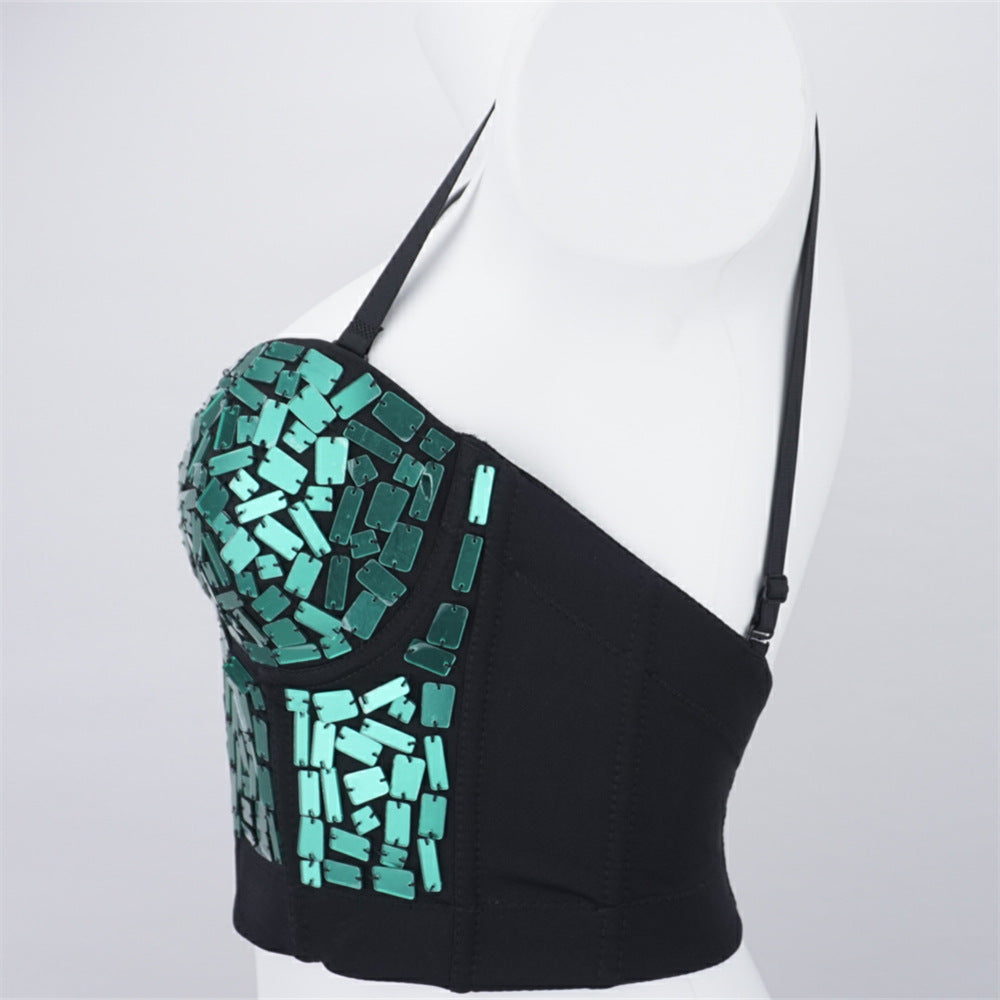 Burning Man Rave Festival Green Mirror Sequins Embellished Bustier Corset Top Bra Party Clothing 36072