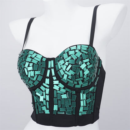 Burning Man Rave Festival Green Mirror Sequins Embellished Bustier Corset Top Bra Party Clothing 36072
