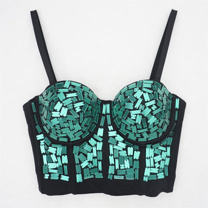 Burning Man Rave Festival Green Mirror Sequins Embellished Bustier Corset Top Bra Party Clothing 36072