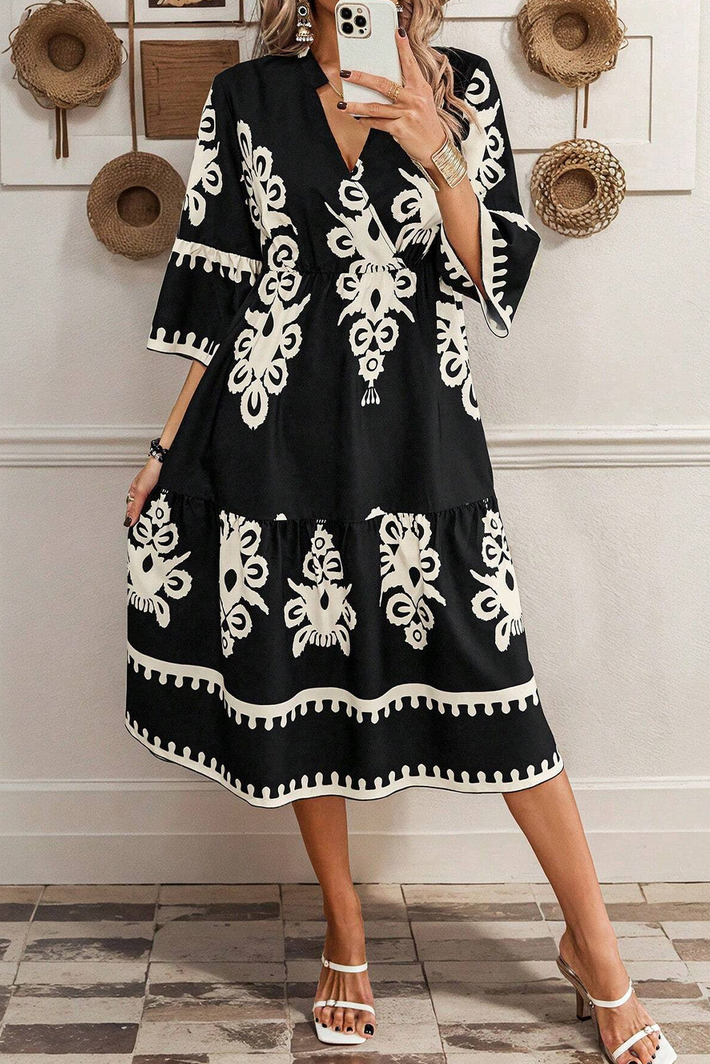 Beige Western Geometric Print 3/4 Sleeve Loose Midi Dress