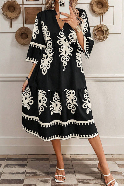 Beige Western Geometric Print 3/4 Sleeve Loose Midi Dress