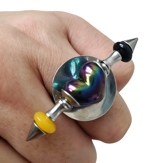 Handmade Black Iridescent Heart Stainless Steel Spike Statement Ring with Resin Spacers
