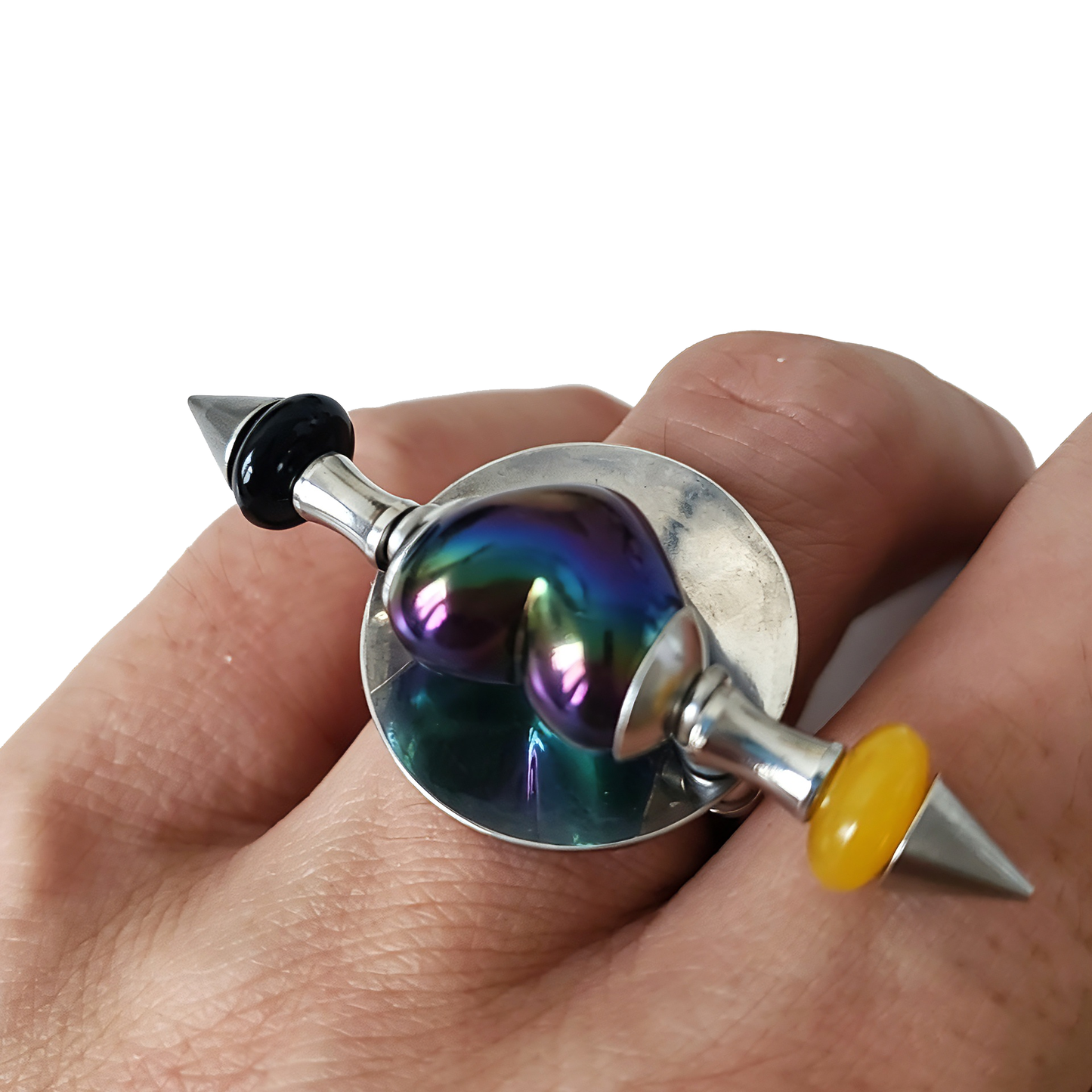 Handmade Black Iridescent Heart Stainless Steel Spike Statement Ring with Resin Spacers