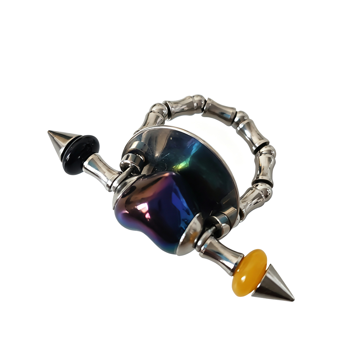 Handmade Black Iridescent Heart Stainless Steel Spike Statement Ring with Resin Spacers